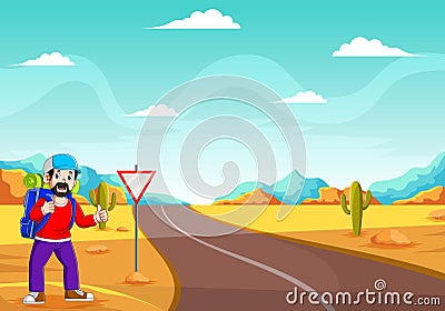 The young boy are standing near the street to stop the car Vector Illustration