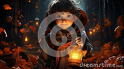 A young boy stands in the darkness of the night, illuminated by the soft glow of a flickering lantern in his hand Stock Photo