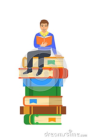 Young boy student sits on stack of giant books Vector Illustration