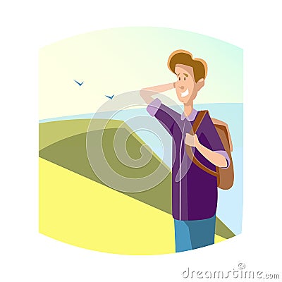 Young Boy Student University Education Over Nature Seaside Background Vector Illustration