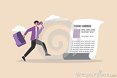 Young boy with suitcase using magnifying glass in one hands searching on hiring paper . Job searching. Cartoon Illustration