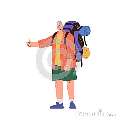 Young boy teenager hitchhiker gesturing thumbs up to stop car for travelling standing on white Vector Illustration