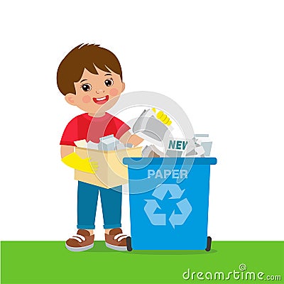 Young Boy Throwing Paper In Recycle Bin. Waste Recycling. Vector Illustration