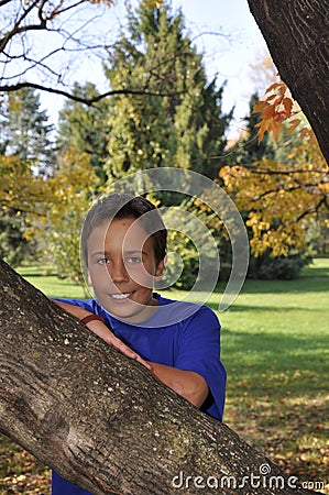 Young boy by a tree in autumn Stock Photo