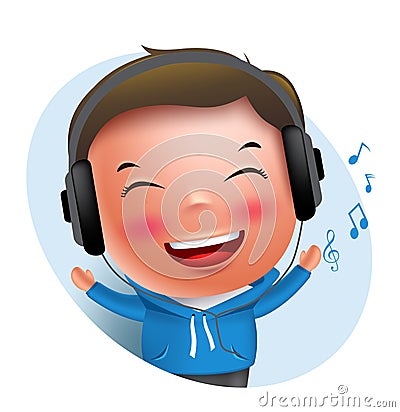 Young boy vector character listening to music in headset while singing Vector Illustration