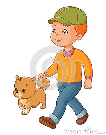 Young boy walking with the dog. Vector illustration isolated on white background. Vector Illustration