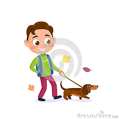 A young boy walks the dog on a leash in the fall, isolated on white background Vector Illustration