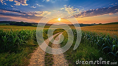 Young boy wanders in path made through corn field as leisure activity Stock Photo