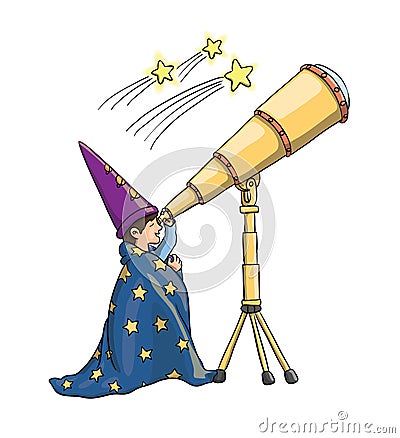 Kid, telescope, child, vector, explore, search, astrologist, stargazing, gaze, stars, space, boy, background, education, discovery Vector Illustration