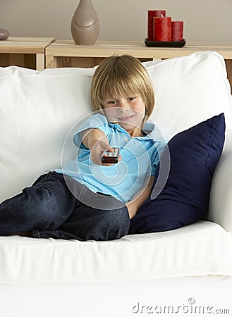 Young Boy Watching Television at Home Stock Photo