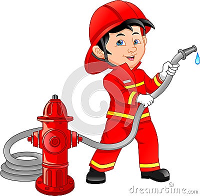 Young boy wearing Fire fighter cartoon Vector Illustration