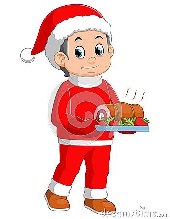 Young boy wearing santa costume showing roast beef on dish Vector Illustration