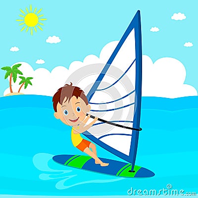 Young boy windsurfing in the sea Vector Illustration