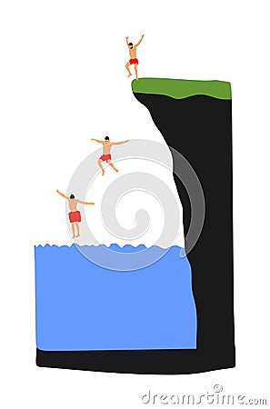 Young boys jumping in water. Man having fun in swimming pool. Cliff jumping vector Cartoon Illustration