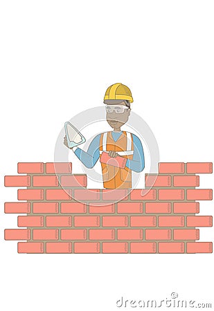 Young bricklayer working with spatula and brick. Vector Illustration