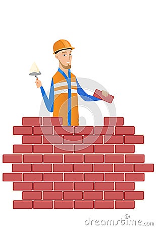Young bricklayer working with spatula and brick. Vector Illustration
