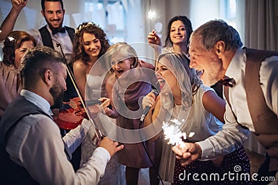 A young bride, groom and other guests dancing and singing on a wedding reception. Stock Photo