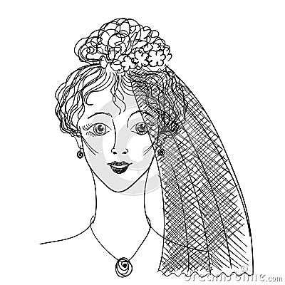 Young bride portret. Hand written Vector Illustration