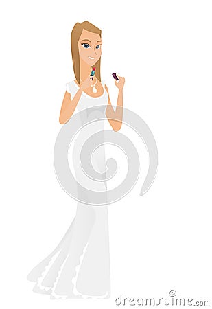 Young bride rouge lips with red color lipstick. Vector Illustration