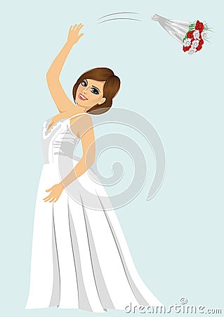 Young bride woman throwing rose bouquet on her wedding day Vector Illustration