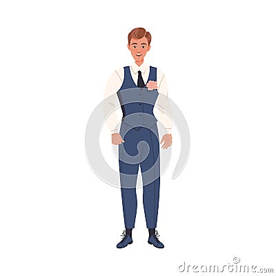 Young Bridegroom as Newlywed or Just Married Male Standing in Suit with Buttonhole Vector Illustration Vector Illustration