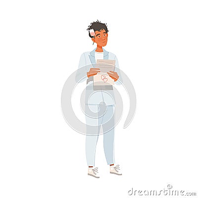 Young Bridegroom as Newlywed or Just Married Male in Suit Reading Wedding Vow Vector Illustration Vector Illustration