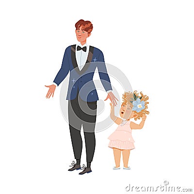 Young Bridegroom as Newlywed or Just Married Male in Suit Standing with Cute Kid Vector Illustration Vector Illustration