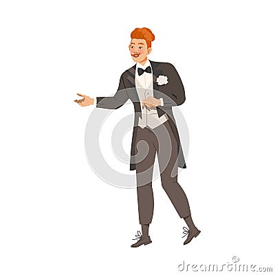 Young Bridegroom as Newlywed or Just Married Male in Tuxedo Reaching Out Hand Vector Illustration Vector Illustration