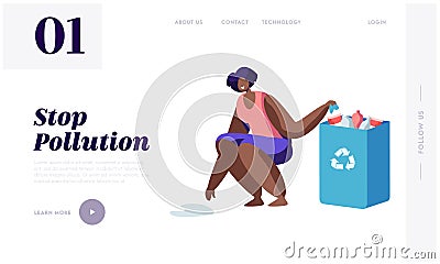 Young Brown Skin Woman Collecting Plastic Trash into Paper Bag with Recycling Sign. Stop Pollution Concept, Ecology Protection Vector Illustration