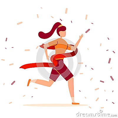 Young brunette athlete girl runs a marathon and finishes first the finish line. Victory in a sport running race Cartoon Illustration