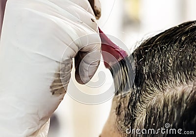 A young brunette caucasian woman dying her hair with a pink brush using white gloves at her home Stock Photo