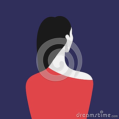 Young brunette female back view. Portrait of a woman sitting with her back to the viewer Vector Illustration