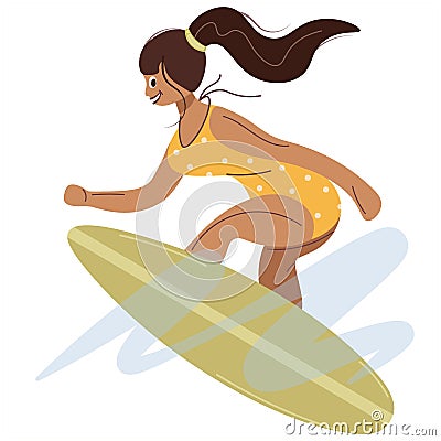 Young brunette girl surfing the surfboard on the surfboard. Isolated icon beauty concept woman character in swimsuit Vector Illustration