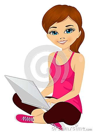 Young brunette girl using a laptop computer Vector Illustration