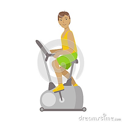 Young brunette male is working out in a cycling gym. Colorful cartoon character Vector Illustration