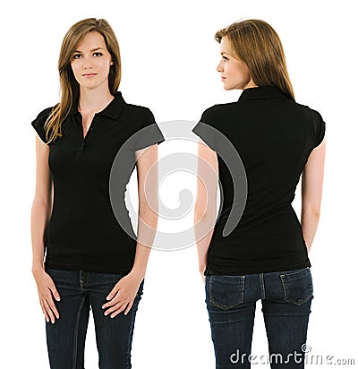 Young brunette woman with blank black polo shirt Stock Photo