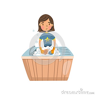 Young brunette woman in casual clothing washing dishes in the kitchen, housewife in housework activity cartoon vector Vector Illustration