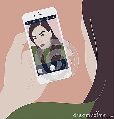 Young brunette woman holding smartphone and making selfie photo on front-facing camera. Long haired girl looking at Vector Illustration