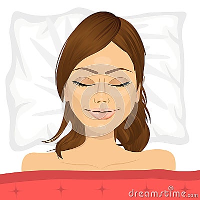 Young brunette woman sleeping in bed at home Vector Illustration