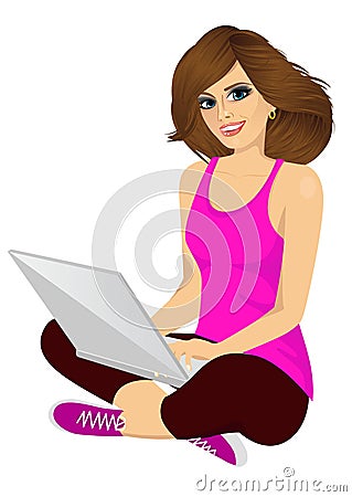 Young brunette woman using a laptop computer Vector Illustration