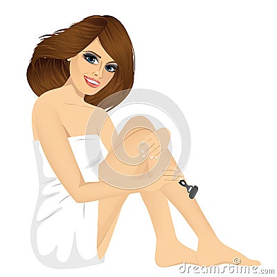 Young brunette woman wrapped in white towel Vector Illustration