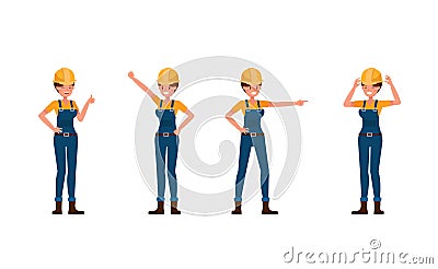 Young builder woman in blue uniform vector character design. no3 Vector Illustration