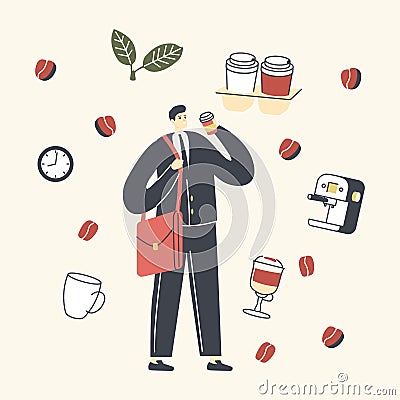 Young Business Man Character in Formal Wear and Shoulder Bag Drinking Coffee in Disposable Cup Vector Illustration