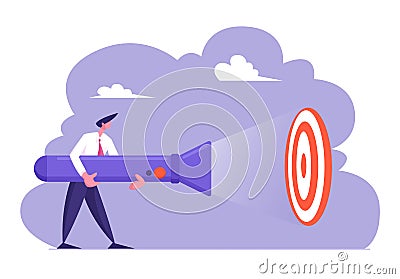 Young Business Man in Formal Suit Holding Huge Flashlight Lighting Up Aim, Uncovering Hidden Target Concept Vector Illustration