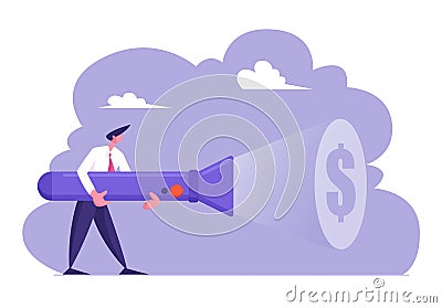 Young Business Man in Formal Suit Holding Huge Flashlight Lighting Up Dollar Sign on Wall, Searching Money, Way to Earn Vector Illustration