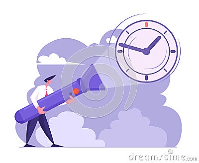 Young Business Man in Formal Suit Holding Huge Flashlight Lighting Up Watch on Wall, Uncovering Hidden Clock, Deadline Vector Illustration