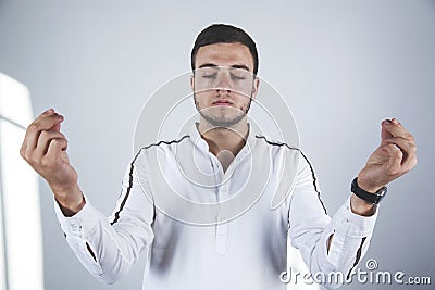 Man hand meditation in office Stock Photo