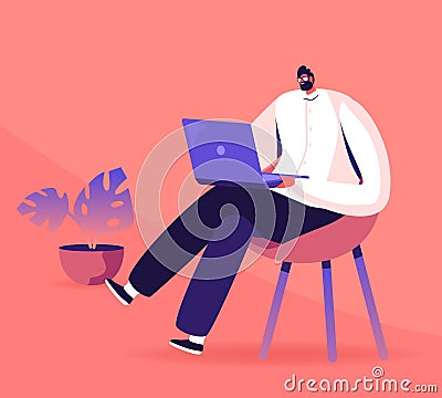 Young Business Man, Programmer, Creative Outsourced Employee Sitting on Chair Working on Laptop. Freelancer Work Vector Illustration