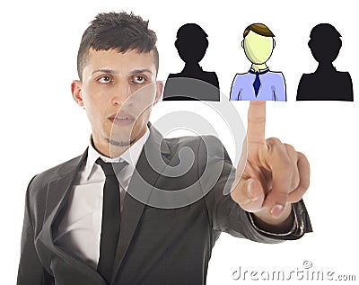 Young business man selecting virtual friends isolated Stock Photo