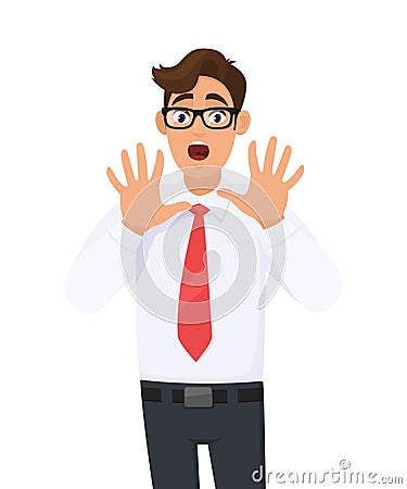 Young business man shocked, afraid, scared, and terrified with fear expression while opened mouth, stop gesture with palm hands. Vector Illustration